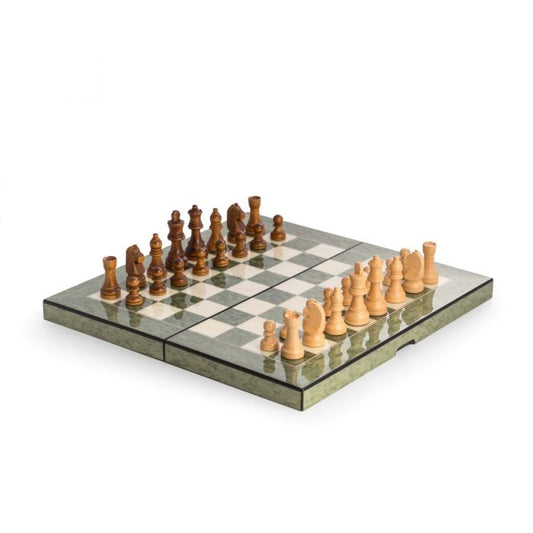 HARRISON GREEN INLAID WOOD BACKGAMMON & CHESS SET