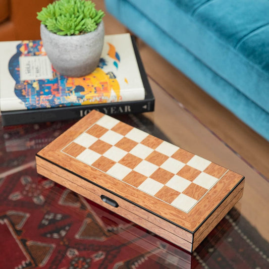 HARRISON BROWN INLAID WOOD BACKGAMMON & CHESS SET