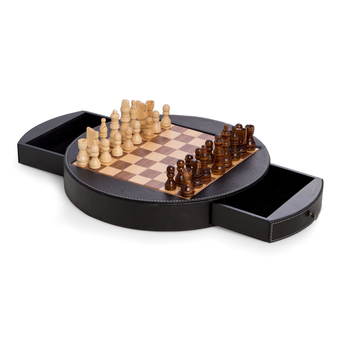 Chess Set in Wood with Black Leather