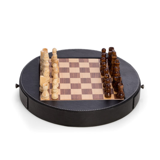 Chess Set in Wood with Black Leather