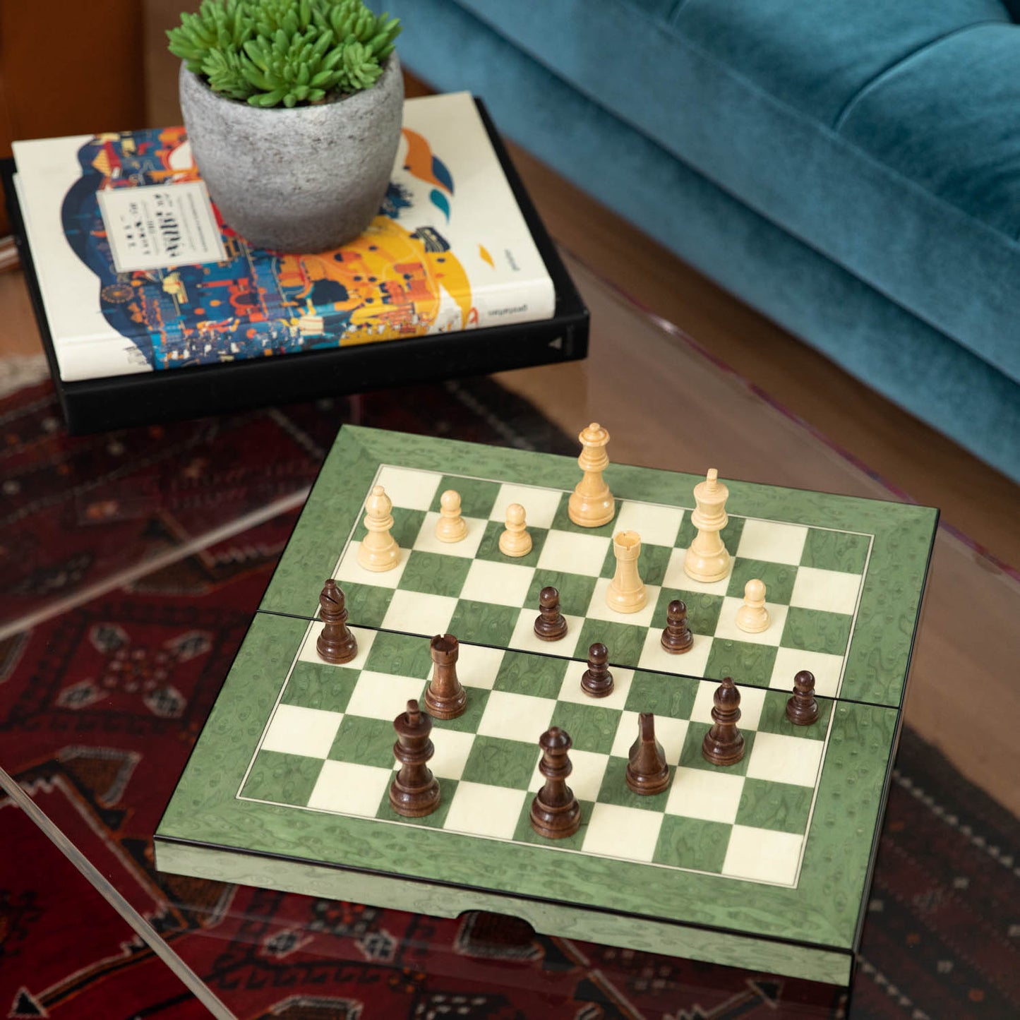 Green Inlaid  Wood  Chess & Backgammon Set