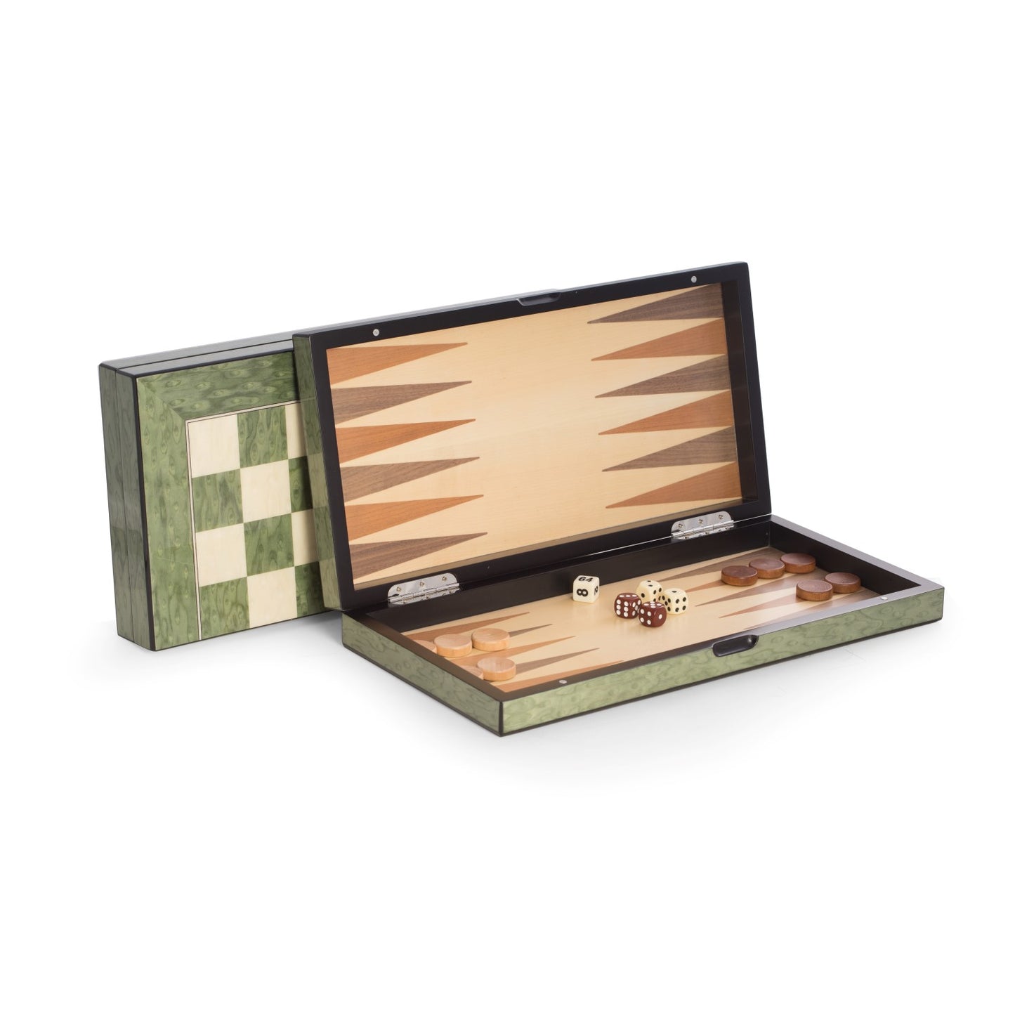 Green Inlaid  Wood  Chess & Backgammon Set