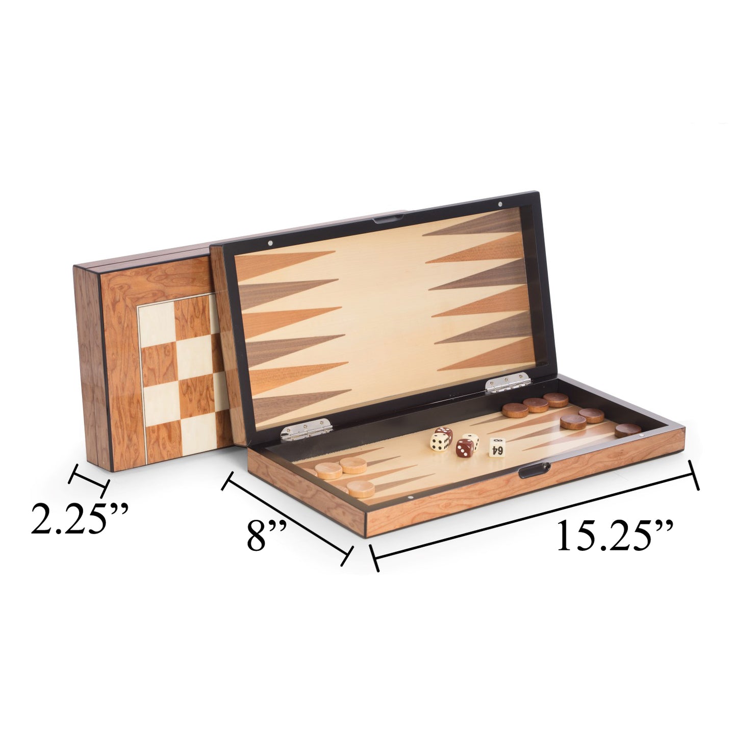 Brown Inlaid  Wood Chess Set & Backgammon Set