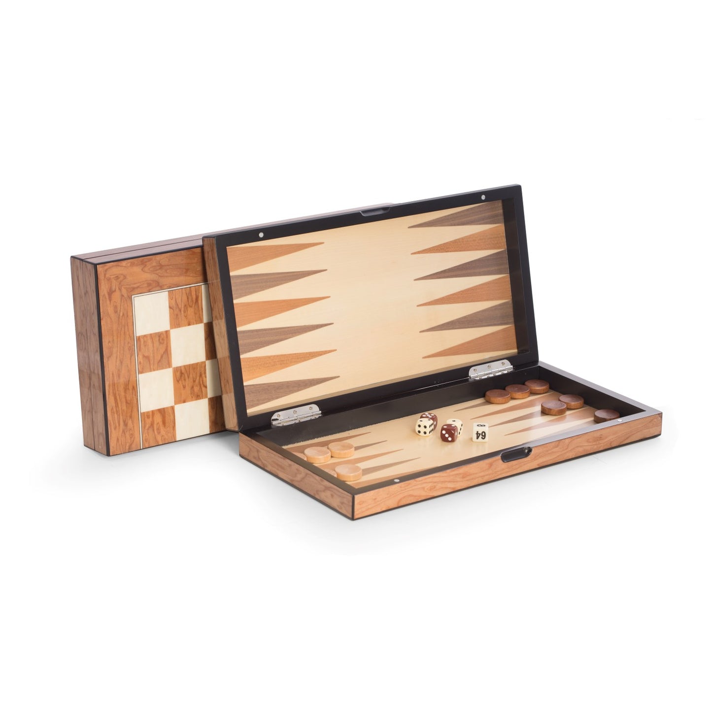 Brown Inlaid  Wood Chess Set & Backgammon Set