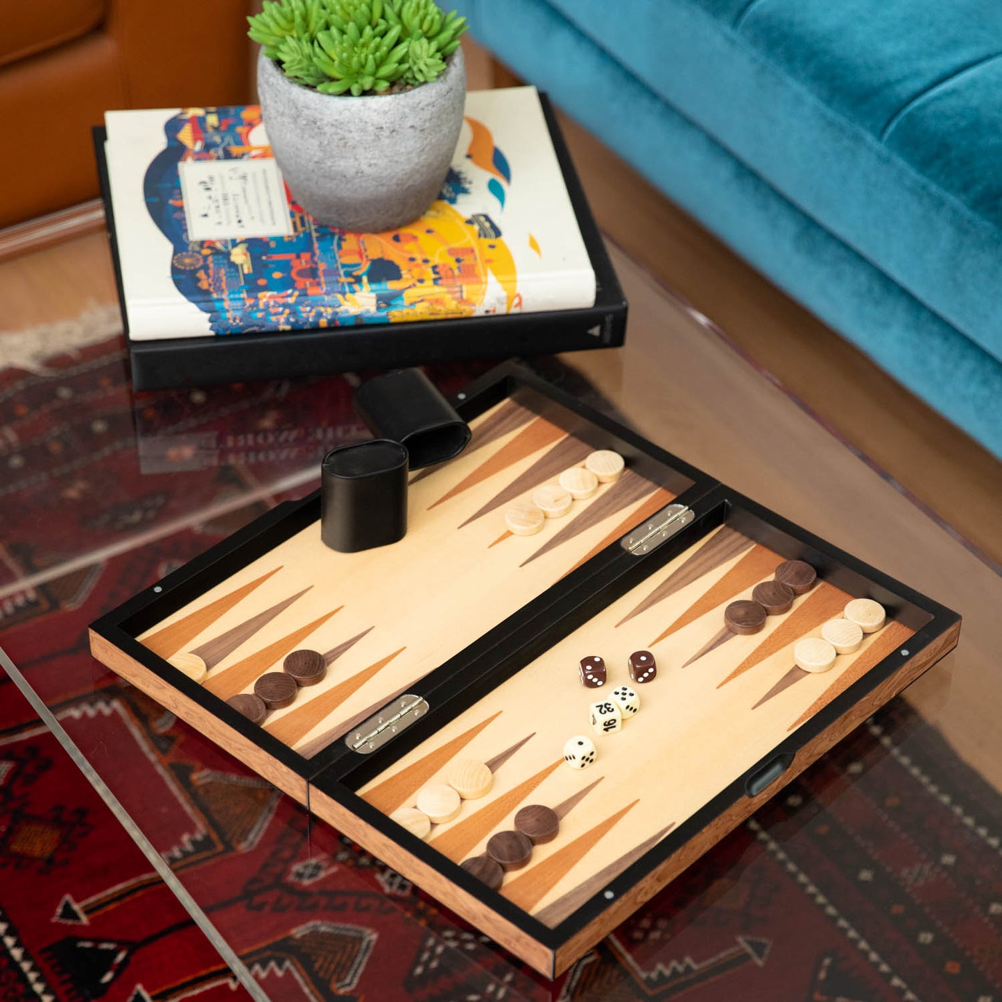 Brown Inlaid  Wood Chess Set & Backgammon Set